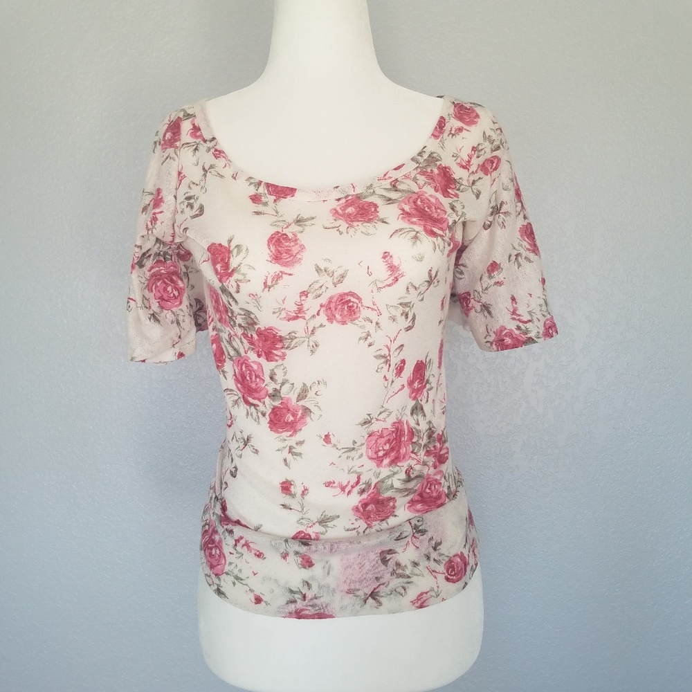 Wet Seal Pink Rose Print Peasant Blouse
